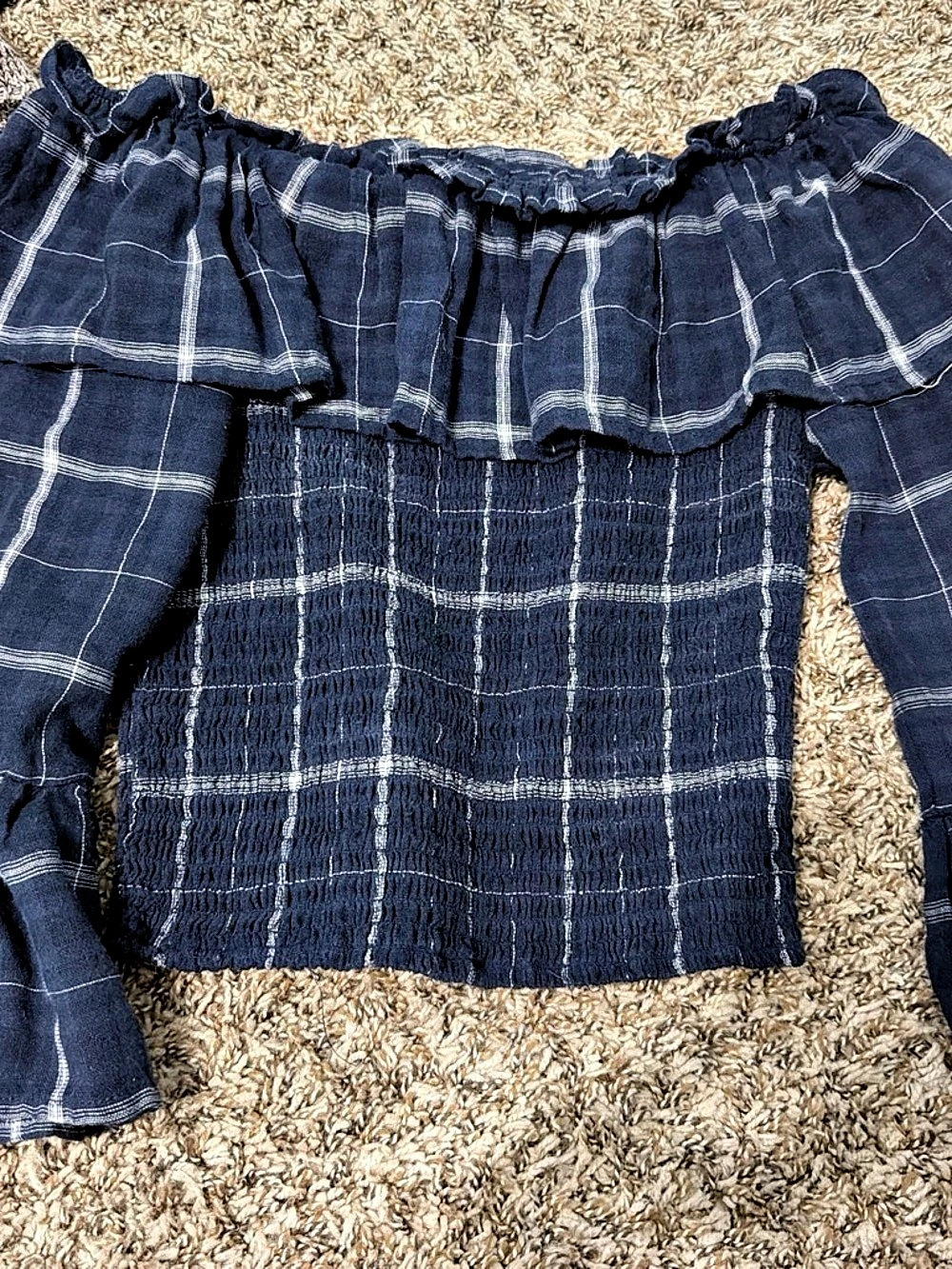 Plaid Smocked Off-the-Shoulder Top Women's Blue & White
